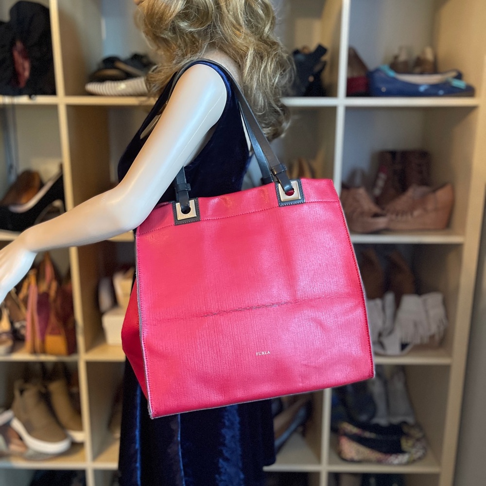 Furla Italy Cherry Red Black Oversized Colorblock Leather Shoulder Handbag